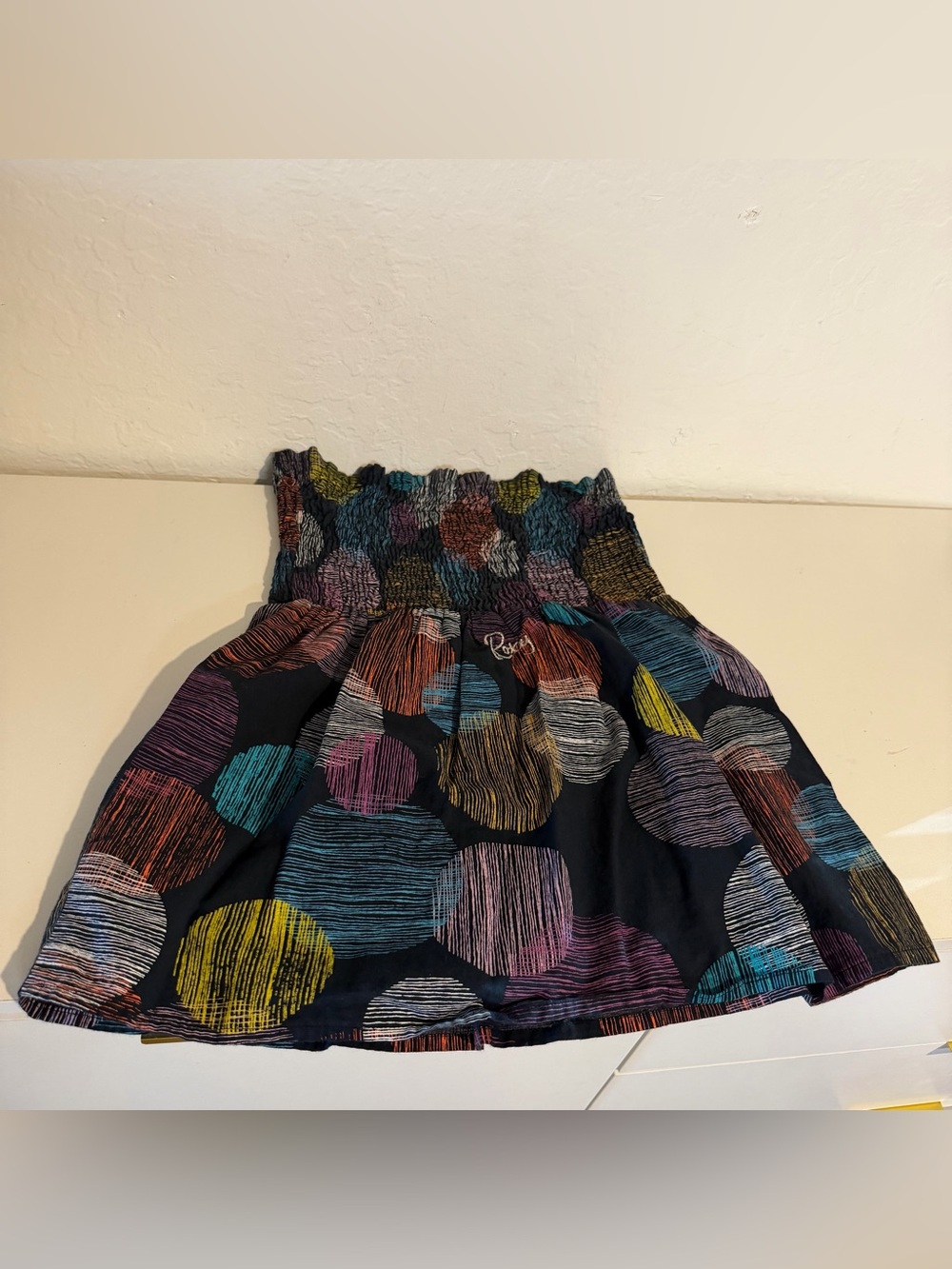 Roxy Y2K Navy Smocked Tube Top with Multicolor Circle Print, Size 10
